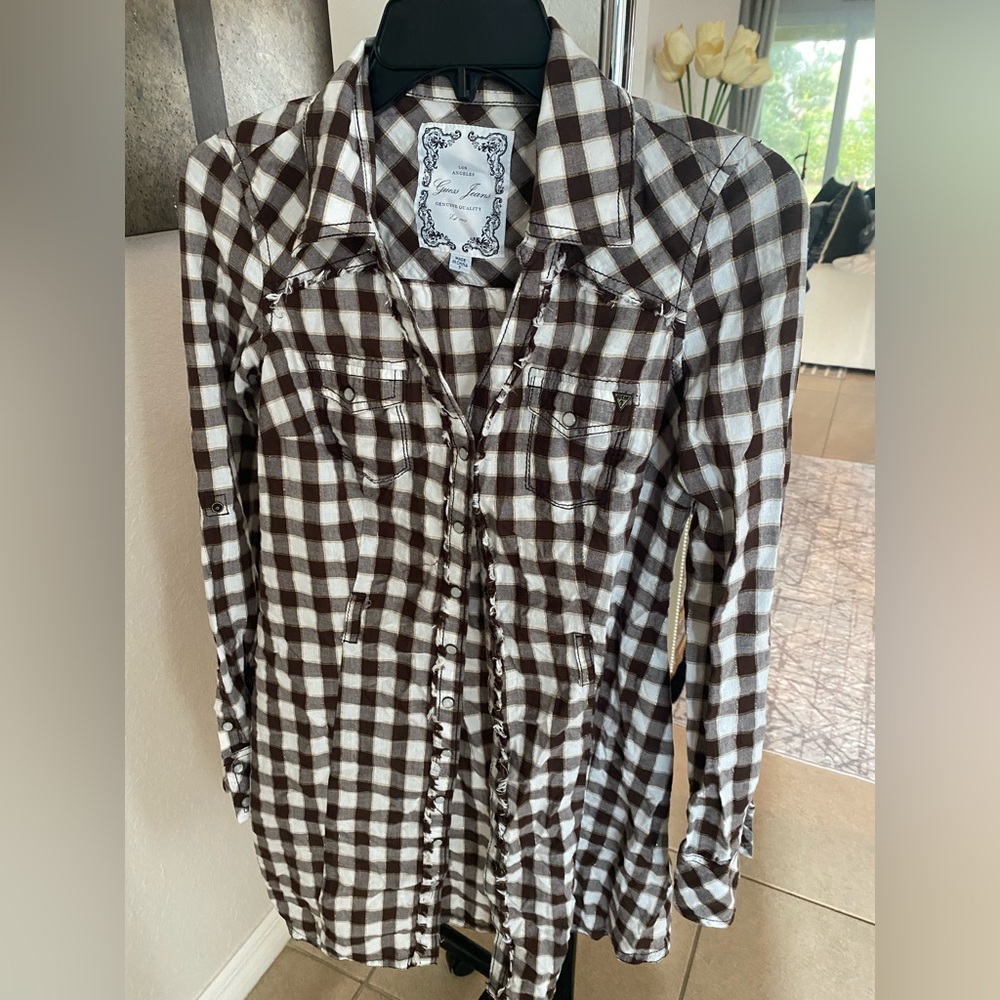 Guess Brown and White Plaid Shirt